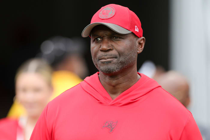Dec 3, 2023; Tampa, Florida, USA; Tampa Bay Buccaneers head coach Todd Bowles takes the field for warms ups before a game against the Carolina Panthers at Raymond James Stadium. Mandatory Credit: Nathan Ray Seebeck-USA TODAY Sports
